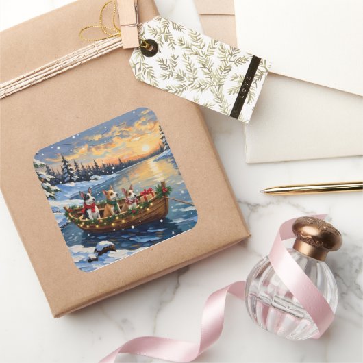 Rat Terrier Christmas Boat Holiday Quadratischer Aufkleber (Schenken)