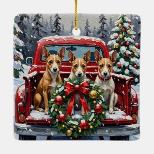 Rat Terrier Christmas Red Truck Holiday Keramikornament (Rückseite)