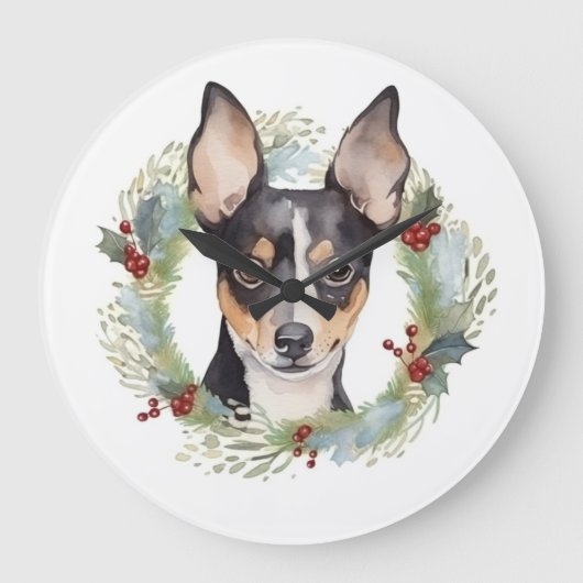 Rat Terrier Christmas Wreath Festive Pup Große Wanduhr (Vorderseite)