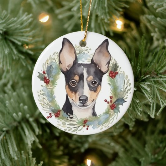 Rat Terrier Christmas Wreath Festive Pup Keramik Ornament (Baum)