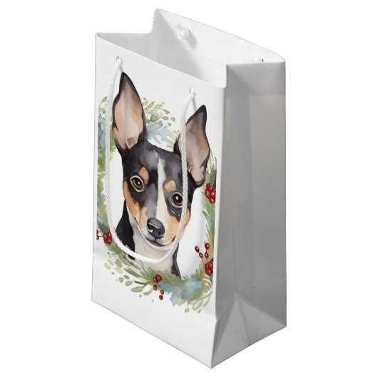 Rat Terrier Christmas Wreath Festive Pup Kleine Geschenktüte (Vorderseite Schrägansicht)