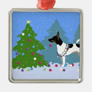 Rat Terrier Dekorieren eines Weihnachtsbaumes im W Ornament Aus Metall