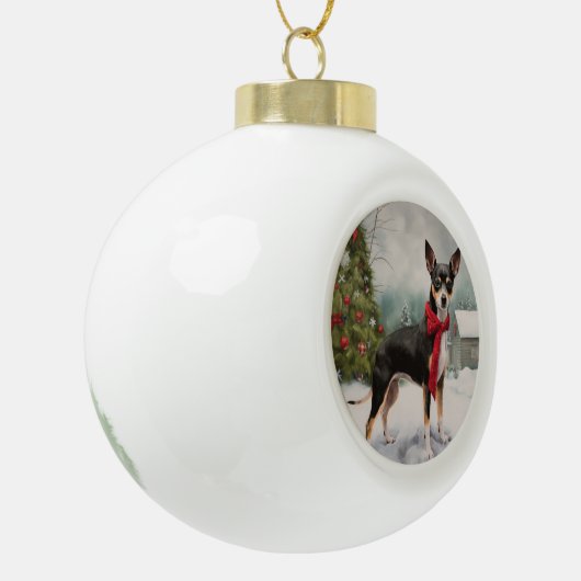 Rat Terrier Dog im Schnee Weihnachten Keramik Kugel-Ornament (Links)