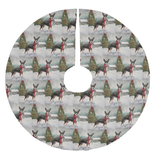 Rat Terrier Dog im Schnee Weihnachten Polyester Weihnachtsbaumdecke (Vorderseite)