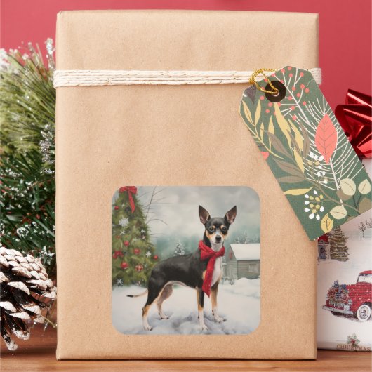 Rat Terrier Dog im Schnee Weihnachten Quadratischer Aufkleber (Feiertag)