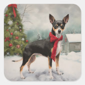 Rat Terrier Dog im Schnee Weihnachten Quadratischer Aufkleber (Vorderseite)