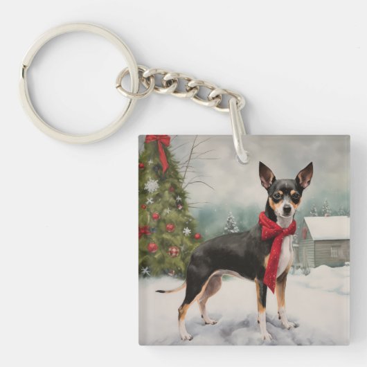 Rat Terrier Dog im Schnee Weihnachten Schlüsselanhänger (Vorderseite)