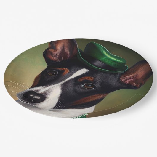 Rat Terrier Dog in St. Patrick's Day Dress Pappteller (Schrägansicht)