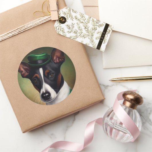 Rat Terrier Dog in St. Patrick's Day Dress Runder Aufkleber (Schenken)
