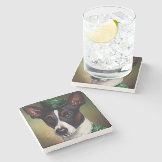 Rat Terrier Dog in St. Patrick's Day Dress Steinuntersetzer (Seitenansicht)