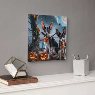 Rat Terrier Halloween Spooky Quadratische Wanduhr