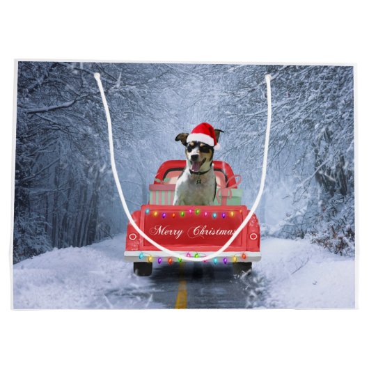 Rat Terrier Hund im Schnee sitzend im Weihnachtswa Große Geschenktüte (Rückseite)