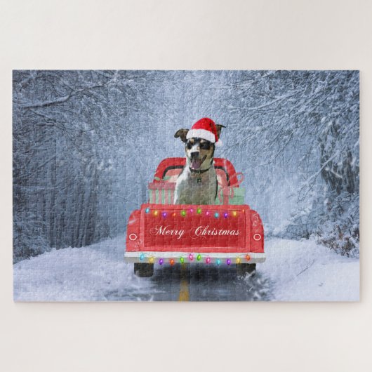 Rat Terrier Hund im Schnee sitzend im Weihnachtswa Puzzle (Horizontal)