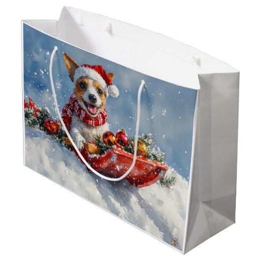 Rat Terrier Hund in Sledge Let it Snow Weihnachten Große Geschenktüte (Rückseite Schrägansicht)