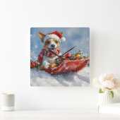 Rat Terrier Hund in Sledge Let it Snow Weihnachten Quadratische Wanduhr (Zuhause)