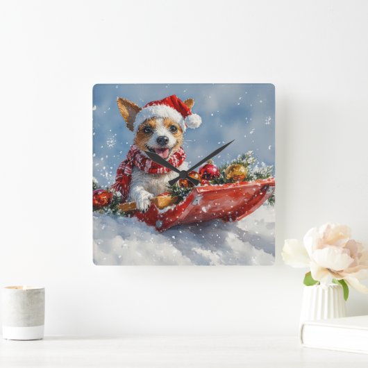 Rat Terrier Hund in Sledge Let it Snow Weihnachten Quadratische Wanduhr (Zuhause)