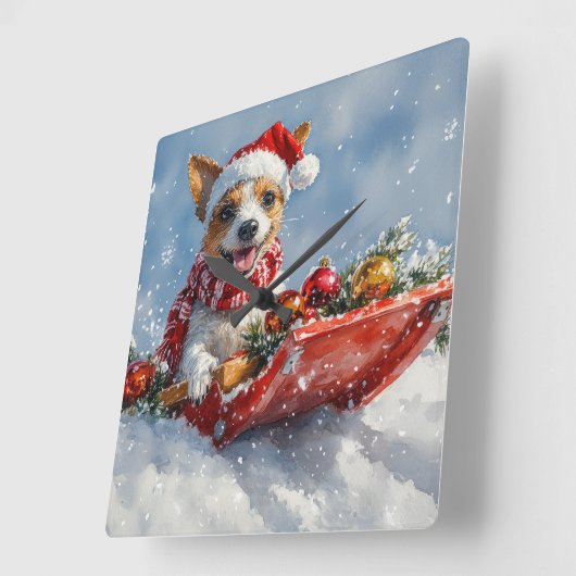 Rat Terrier Hund in Sledge Let it Snow Weihnachten Quadratische Wanduhr (Winkel)