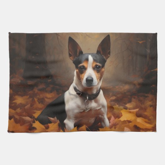 Rat Terrier im Herbst Leaves Fall Inspiriert Geschirrtuch (Horizontal)