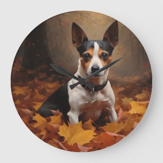 Rat Terrier im Herbst Leaves Fall Inspiriert Große Wanduhr (Vorderseite)