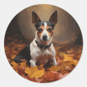 Rat Terrier im Herbst Leaves Fall Inspiriert Runder Aufkleber (Vorderseite)