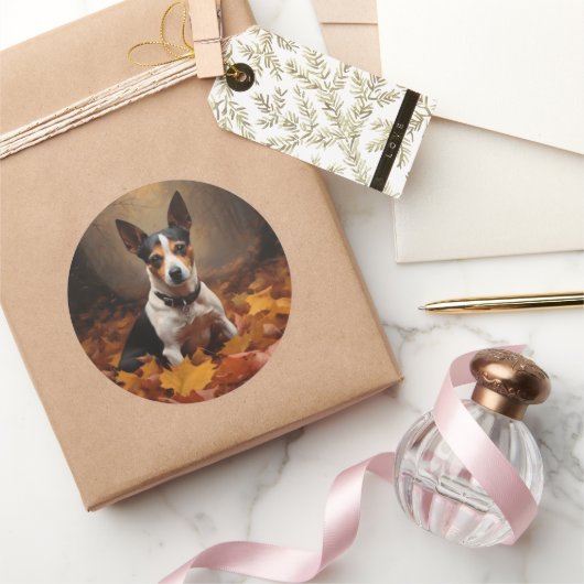 Rat Terrier im Herbst Leaves Fall Inspiriert Runder Aufkleber (Schenken)