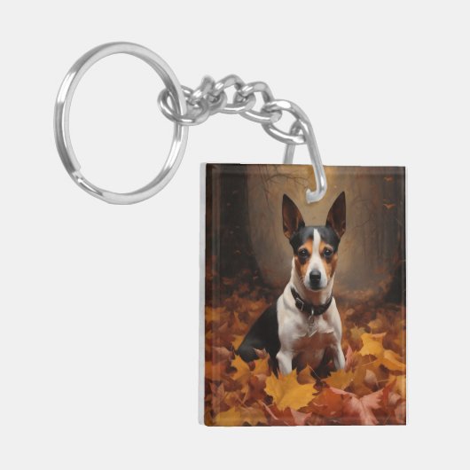 Rat Terrier im Herbst Leaves Fall Inspiriert Schlüsselanhänger (Vorderseite links)