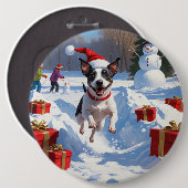 Rat Terrier läuft im Schnee mit Weihnachtshut Button (Vorne & Hinten)