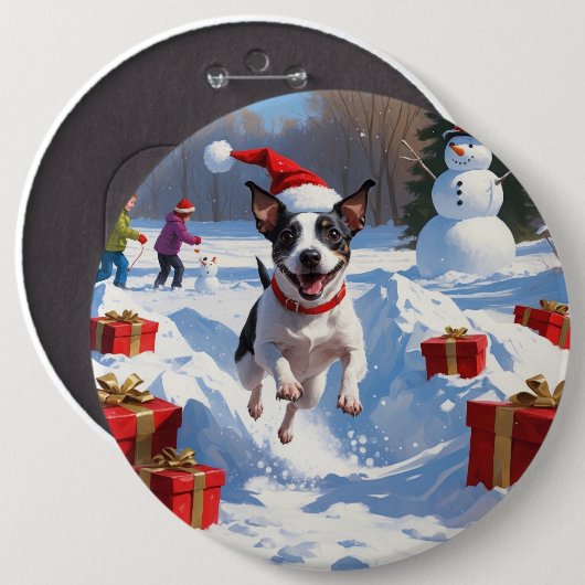 Rat Terrier läuft im Schnee mit Weihnachtshut Button (Vorne & Hinten)