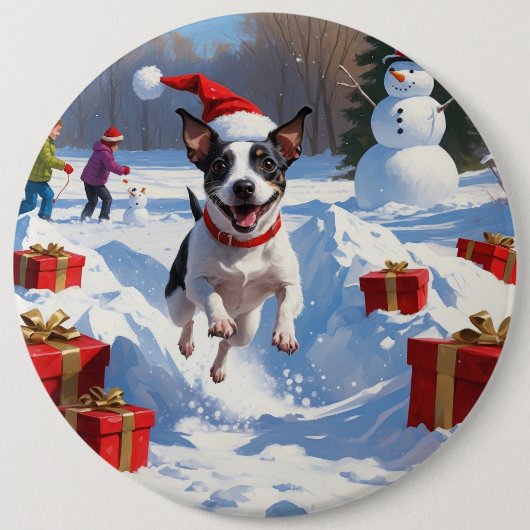 Rat Terrier läuft im Schnee mit Weihnachtshut Button (Vorderseite)