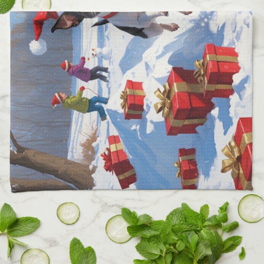 Rat Terrier läuft im Schnee mit Weihnachtshut Geschirrtuch (Gefaltet)