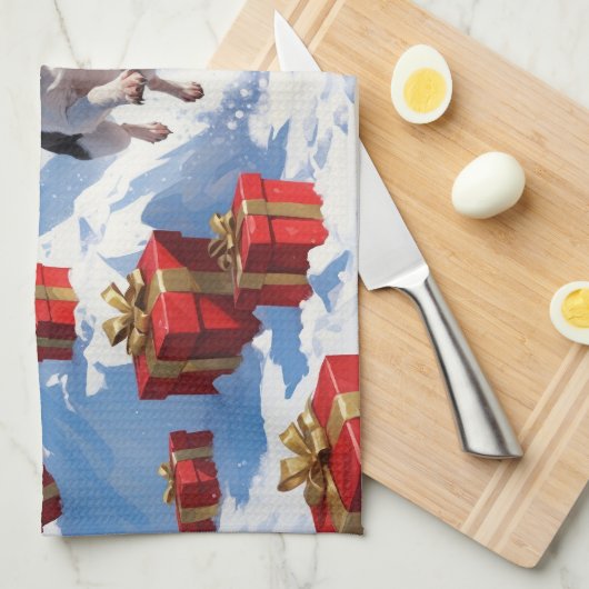 Rat Terrier läuft im Schnee mit Weihnachtshut Geschirrtuch (Viertel Falte)