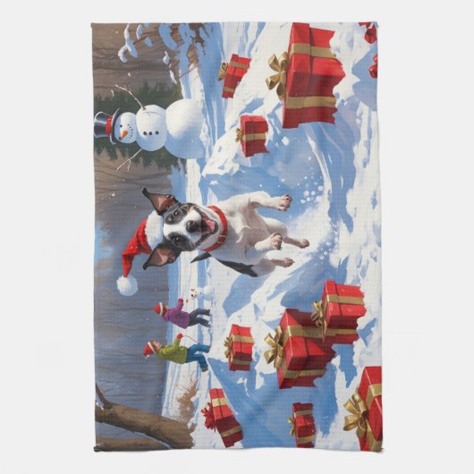 Rat Terrier läuft im Schnee mit Weihnachtshut Geschirrtuch (Vertikal)