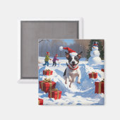 Rat Terrier läuft im Schnee mit Weihnachtshut Magnet (Vorderseite/Rückseite)