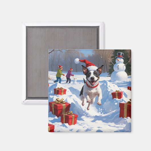 Rat Terrier läuft im Schnee mit Weihnachtshut Magnet (Vorderseite/Rückseite)