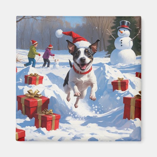 Rat Terrier läuft im Schnee mit Weihnachtshut Magnet (Vorne)