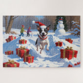 Rat Terrier läuft im Schnee mit Weihnachtshut Puzzle (Horizontal)