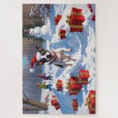 Rat Terrier läuft im Schnee mit Weihnachtshut Puzzle (Vertikal)