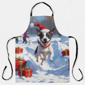 Rat Terrier läuft im Schnee mit Weihnachtshut Schürze (Vorderseite)