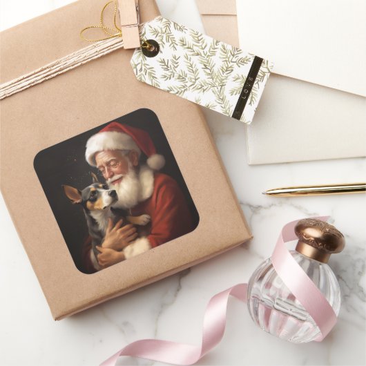 Rat Terrier mit Weihnachtsmann Weihnachten Quadratischer Aufkleber (Schenken)