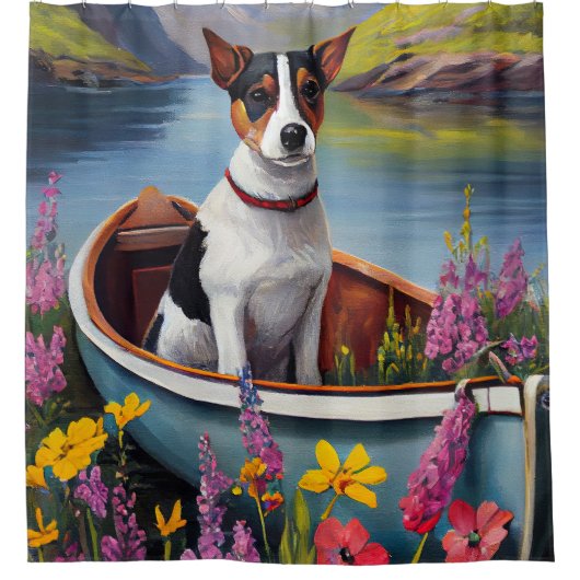 Rat Terrier on a Paddle: Ein Landschaftliches Aben Duschvorhang (Vorderseite)