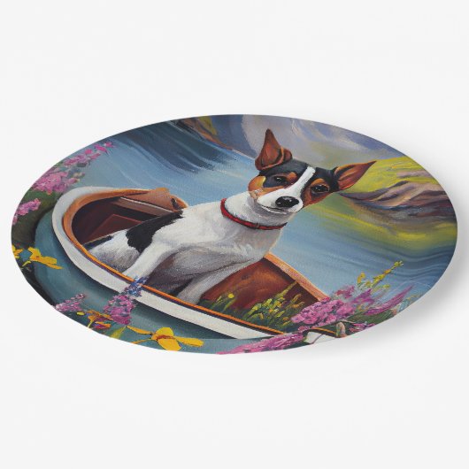 Rat Terrier on a Paddle: Ein Landschaftliches Aben Pappteller (Schrägansicht)