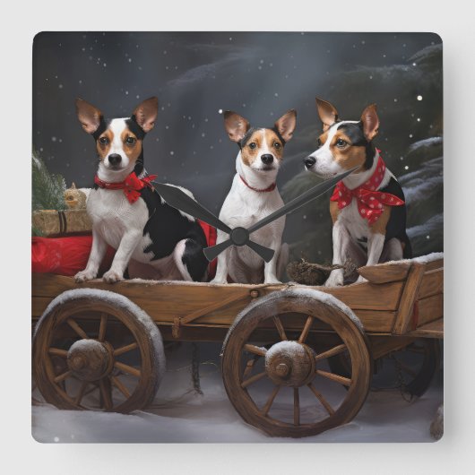 Rat Terrier Snowy Sleigh Weihnachtsdekor Quadratische Wanduhr (Vorderseite)