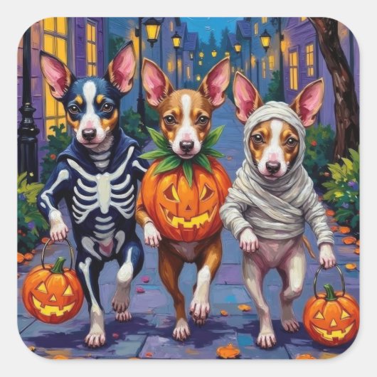 Rat Terrier Trick-or-Treating Halloween Costumes Quadratischer Aufkleber (Vorderseite)