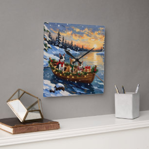 Rat Terrier Weihnachtsboot Urlaub Quadratische Wanduhr