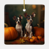 Rat Terrier Welpe Autumn Delight Pumpkin Keramikornament (Rückseite)