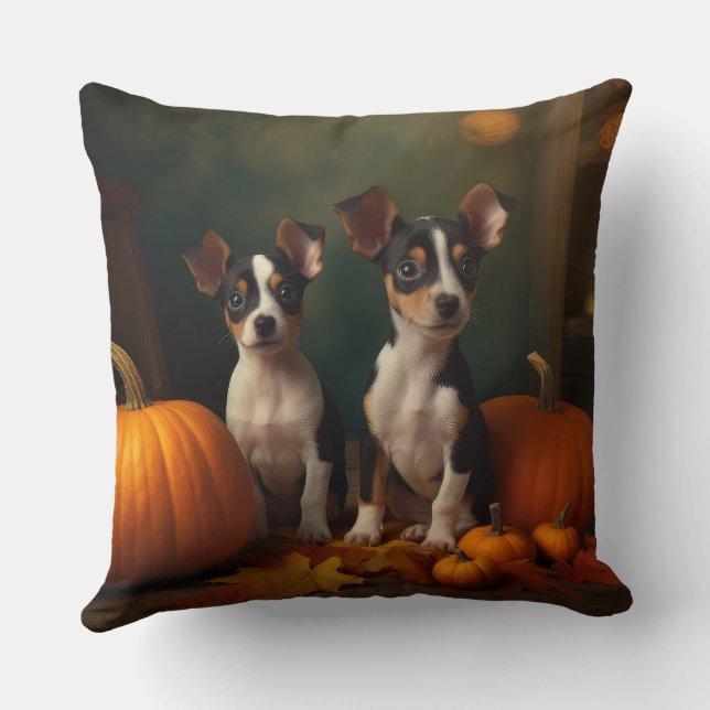 Rat Terrier Welpe Autumn Delight Pumpkin Kissen (Rückseite)