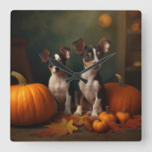 Rat Terrier Welpe Autumn Delight Pumpkin Quadratische Wanduhr (Vorderseite)