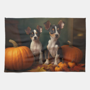 Rat Terrier Welpe Herbstfreude Kürbis Geschirrtuch