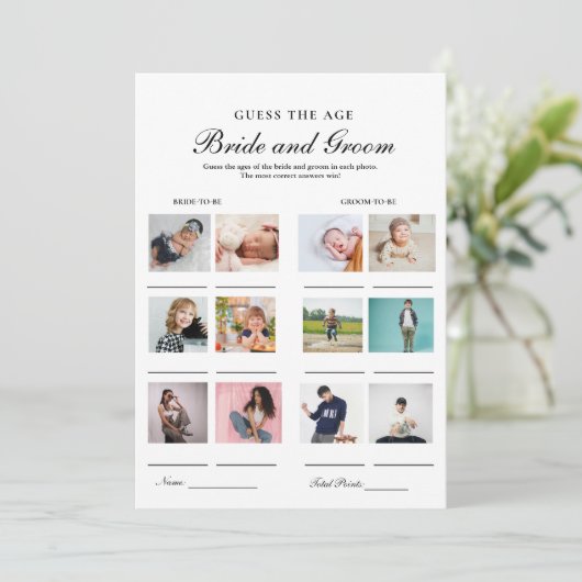 Raten Sie ihre alte Braut- und Duschspielkarte Ankündigung (Stehend Vorderseite)