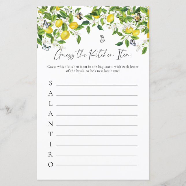 Raten Sie Küchenartikel | Lemon Brautparty Game (Vorderseite)